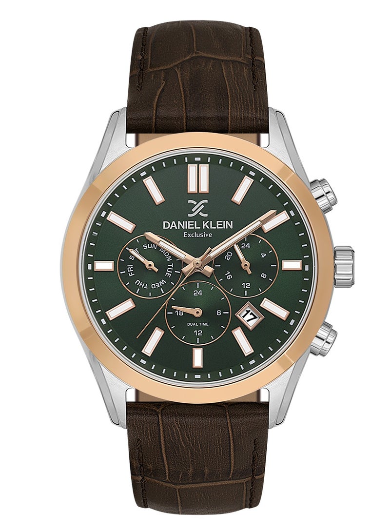 دانيل كلاين ساعة رجالية سوار جلد | هيكل من سبيكة فضي ذهبي الوردي | تناظري | قرص دائري أخضر داكن بنمط شعاعي | حركة كوارتز يابانية | حصرية | مقاومة للماء حتى عمق 50 مترًا - Image 1